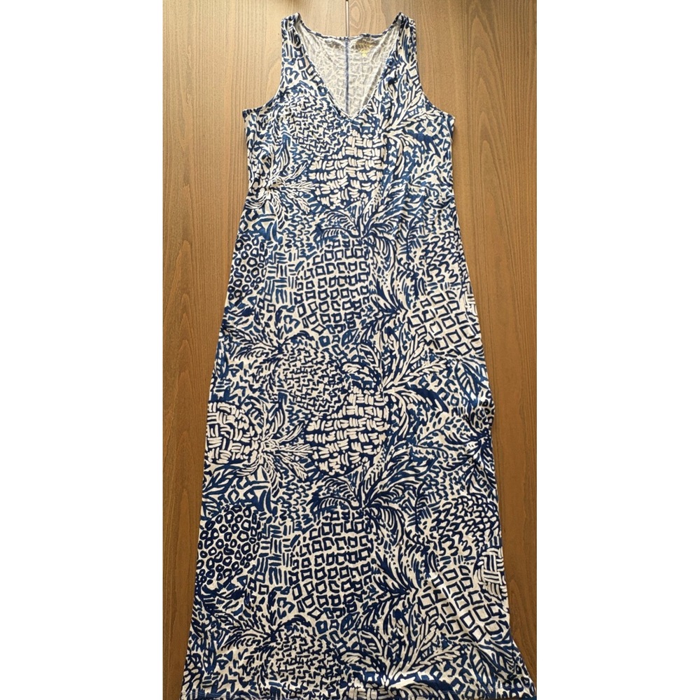 Lilly Pulitzer Blue White Pima Cotton V-Neck Racerback Maxi Dress XL Tropical
